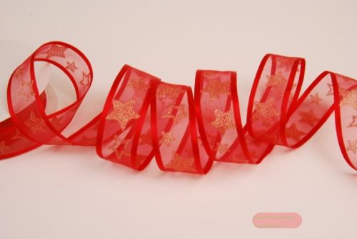 Bild von Band 25m/ 25mm, Tüll m. Sternen, h'rot