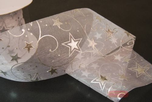 Bild von Band 10m/ 70mm, organza star, silber