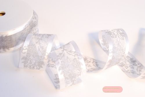 Bild von Band 25m/ 25mm, Organza mit Ornament, weiss