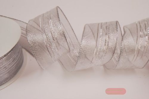Bild von Band 20m/ 40mm, Streifen im Tüll, silber