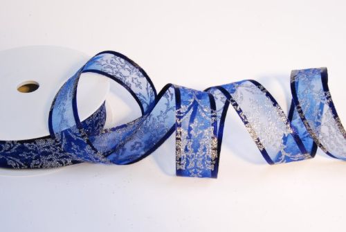 Bild von Band 25m/ 25mm, Organza mit Ornament, d'blau