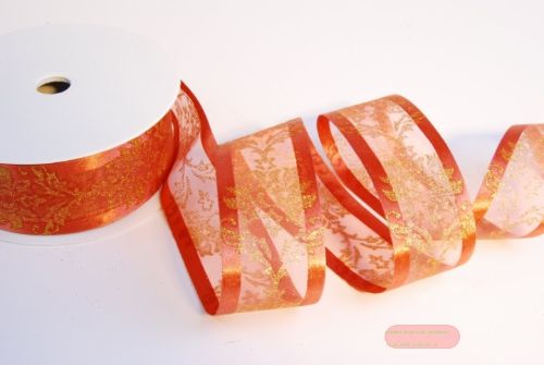 Bild von Band 25m/ 40mm, Organza mit Ornament, h'rot