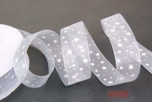 Bild von Band, 25m/ 25mm Sternen-Organza, h'blau