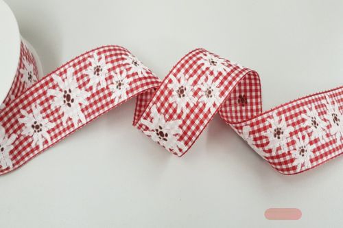 Bild von Band 20m/ 40mm, Karo Vichy mit Edelweiss, rot