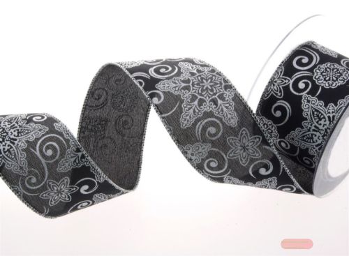 Bild von Band 10m/ 50mm, Motiv auf Schwarz - Drahtkante, silber