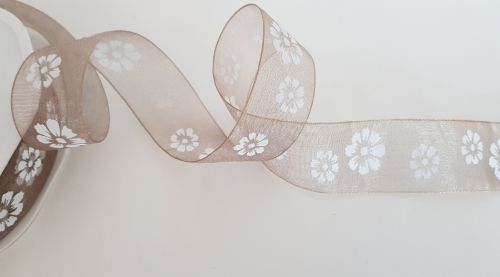 Bild von Band 20m/ 25mm, Flowers auf Organza, weiss