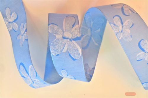 Bild von Band 25m/ 40mm, Blumen auf Leinen, blau