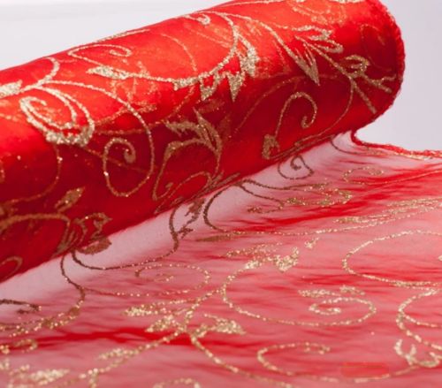 Bild von Tischband 5m/ 28cm, Organza GlitzerMotiv, rot