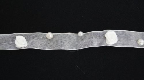 Bild von Band 2x 5m/ 25mm, Organz- Rosen & Perlen, weiss